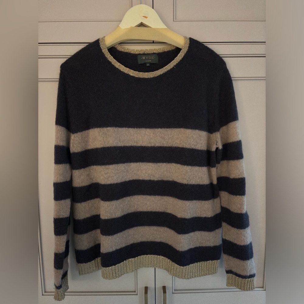 Wyse London Striped sweater Mohair Navy Beige Gold Metallic Trim Size 2 US 10/12